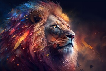 Wall Mural - A close up of a lion on a black background, an airbrush painting, fantasy art, red blue and gold color scheme by Generative AI