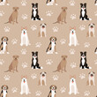 © Revolutionizzed - Dogs pug, akita, border collie, ridgeback, beagle dog seamless repeat pattern. natural. gender neutral. earth tones. beige, brown. cute pet puppy.