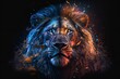 A close up of a lion on a black background, an airbrush painting, fantasy art, red blue and gold color scheme by Generative AI