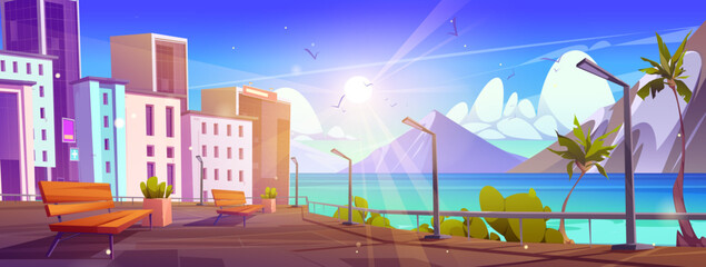 City park bench on street near river and downtown building vector landscape. Resort on seaside in town with sun beam light in sky cartoon background. Empty tropical urban embankment, mountain skyline