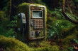 moss-covered payphone in a lush forest. generative AI