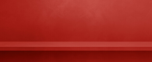 Wall Mural - Empty shelf on a red concrete wall. Background template. Horizontal banner mockup