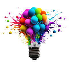 Wall Mural - a colorful idea lightbulb with balloons, isolated design element on transparent background, visualization of brainstorming, bright idea and creative thinking, generative ai