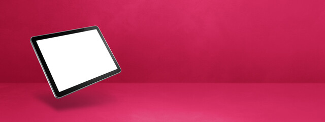 Sticker - Floating tablet pc computer isolated on pink. Horizontal banner background