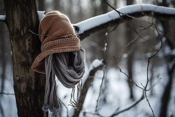 snow-covered hat and scarf hanging in the tree. generative AI