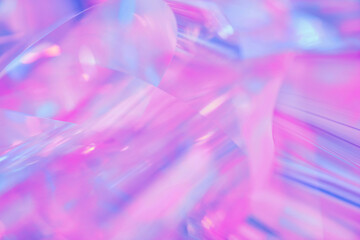 Poster - Close-up of ethereal pastel neon blue, purple, lavender, pink holographic metallic foil background. Abstract modern curved blurred surreal futuristic disco, rave, techno, festive dreamlike backdrop