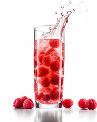 Poster - Fresh delicious  raspberry, falls into a long glass of water, juice, isolated on a  white background, sprinkling effect,