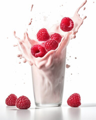 Poster - Fresh delicious raspberry, falls into a long glass of milkshake yogurt,  white background, sprinkling effect