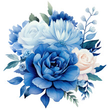 Illustration Bouquet Of Blue Flowers, Watercolor Blue Floral, Rose, Peony, Dahlia, Isolated On Transparent Background. Generative AI