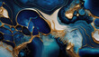© RocknRoller Studios - Beautiful Navy Blue Paint Swirls with Gold Powder. Modern Acrylic Pour Wallpaper. Generative AI.