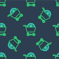 Poster - Line Shopping cart and dollar symbol icon isolated seamless pattern on blue background. Online buying concept. Delivery service. Supermarket basket. Vector