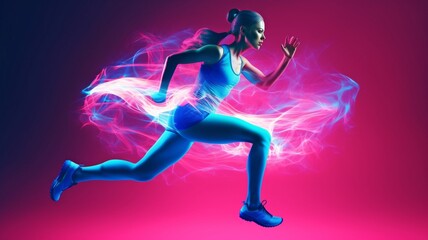 Professional female athlete, runner practicing with mixed pink neon light on blue studio background. Concept of a healthy lifestyle, mobility, and action. GENERATE AI