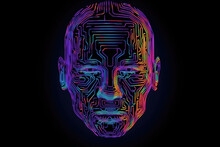 Glitch Art. Cyber Noise. Sci-Fi Intelligence. Neon Light Purple Blue Orange Color Pixel Glowing Alien Face On Dark Black Futuristic Abstract Art Illustration Background