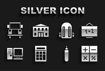 Poster - set calculator, chalkboard, marker pen, computer monitor, school backpack, bus and building icon. ve