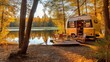 Traveling by caravan or camper and camping with a trailer for a mobile home or recreational vehicle, camping in the fall. The Generative AI