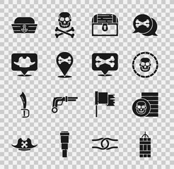 Poster - Set Dynamite bomb, Pirate coin, Antique treasure chest, Location pirate, Sailor hat and icon. Vector