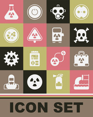 Sticker - Set Wastewater, Radiation nuclear suitcase, Bones and skull warning, Gas mask, Triangle with radiation, Molecule, Test tube and Electric car charging station icon. Vector