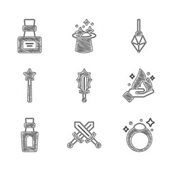 Sticker - Set Magic sword in fire, Crossed medieval, stone ring, Hand holding, Bottle with potion, wand, and icon. Vector