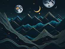Mountain Landscape With Moon And Stars. 3D Illustration. Cartoon Style. Digital Art For Wall Decor. AI Generated.