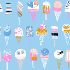 Summer seamless pattern with hand drawn ice cream. Modern summer pastel blue texture for fabric, textile, wallpaper. Vector illustration