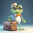 Сartoon frog with suitcase on blue background. 3d illustration.   Generative AI