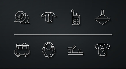 Sticker - Set line Baby, Toy train, Whirligig toy, shoes, bib, clothes, and Monitor Walkie Talkie icon. Vector