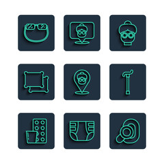 Poster - Set line Pills in blister pack, Adult diaper, Hearing aid, Grandmother, Nursing home, Pillow, Eyeglasses and Walking stick cane icon. Vector