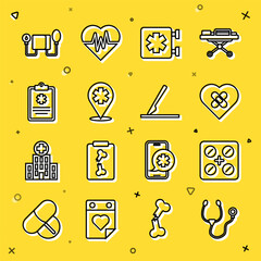 Canvas Print - Set line Stethoscope, Pills in blister pack, Healed broken heart, Medical symbol of the Emergency, Location with cross hospital, Clinical record, Blood pressure and surgery scalpel icon. Vector