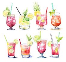 Watercolor Exotic Drink Alcohol Cocktail Set Isolated Vector