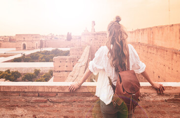 Wall Mural - traveler woman visiting marrakesh city- tour tourism in morocco