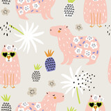Fototapeta Dinusie - Seamless pattern with cartoon cute capybara animal. Summer texture with funny animal. Vector texture