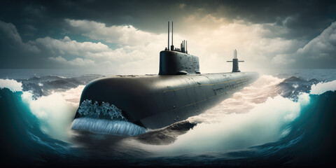 Wall Mural - Generic military nuclear submarine floating in the middle of the ocean while shooting an undersea torpedo missile, wide banner with copy space area, generative AI