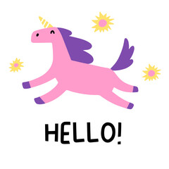 Postcard. Pink unicorn flying on white background. Black letters. The phrase is Hello! Vector children's naive hand-drawn illustration