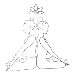 Man and woman in lotus pose yoga meditation line art drawing vector illustration.Simple line drawing two persons sit back to back in lotus position.Silhouette meditating people