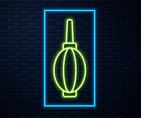 Poster - Glowing neon line Dust blower icon isolated on brick wall background. Air duster. Lens cleaner. Camera sensor cleaning. Vector