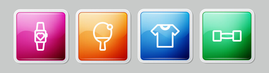 Poster - Set line Smartwatch, Racket and ball, T-shirt and Dumbbell. Colorful square button. Vector