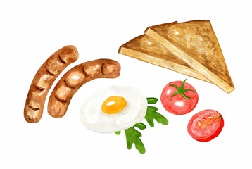 Set elements traditional breakfast with egg, toast, sausages, tomatoes and herbs. Hand drawn watercolor illustration isolated on white background. Template for design menu.