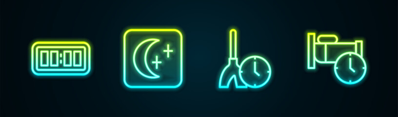 Poster - Set line Digital alarm clock, Moon and stars, Cleaning time and Time to sleep. Glowing neon icon. Vector