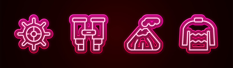 Sticker - Set line Ship steering wheel, Binoculars, Volcano and Sweater. Glowing neon icon. Vector