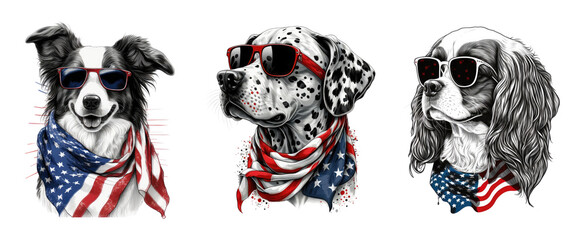 4th Of July Dogs Sublimation, Dog wearing sunglasses and USA flag scarf. Generative AI