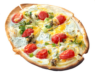 Sticker - PNG. German cuisine, Flammkuchen with cheese and tomatoes . Isolate 