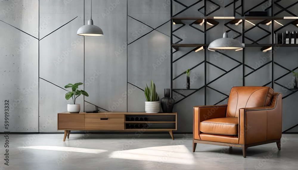 Living room interior have cabinet for tv and leather armchair in cement ...