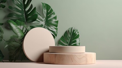 Minimal product display podium with tropical leaves background. Generative AI 