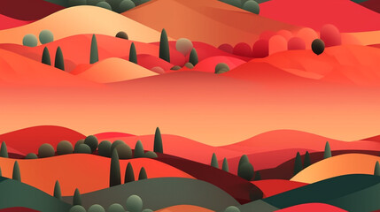 Wall Mural - Abstract landscape poster. Beautiful sunset forest hills Minimalistic mountain seamless pattern mountains, generative AI