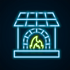 Poster - Glowing neon line Blacksmith oven icon isolated on black background. Colorful outline concept. Vector