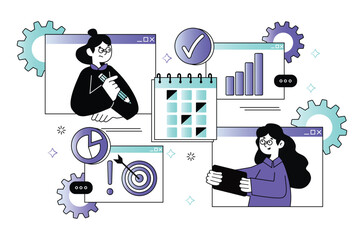 Aufkleber - Business planner waist height concept with people scene in the flat cartoon style. Business colleagues make a list of things that need to be done in the near future. Vector illustration.