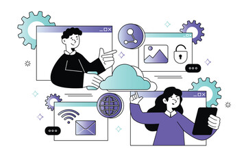 Aufkleber - Cloud service waist-height concept with people scene in the flat cartoon style. Employees of company up load all important information to cloud service. Vector illustration.
