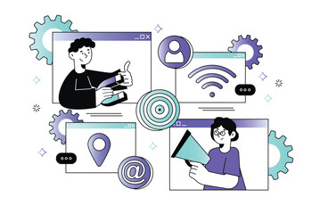 Aufkleber - Marketing waist-height concept with people scene in the flat cartoon design. The marketing team is working on announcing new ads on social networks. Vector illustration.
