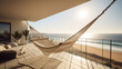 © ArgitopIA - Hammock hanging on beautiful terrace with beachfront sea view, concept of vacation relaxation, generative ai