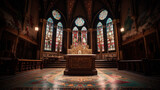 Fototapeta Londyn - Luxurious Catholic church interior near altar, light streaming through colorful stained glass windows, generative ai